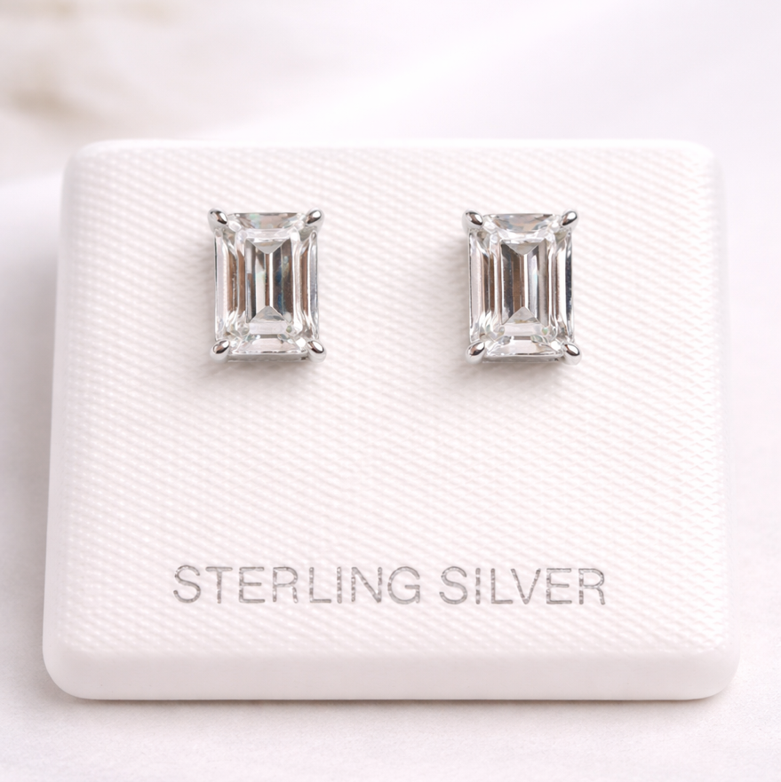 925 Sterling Silver Moissanite Emerald-Cut Stud Earrings 1.6ct
