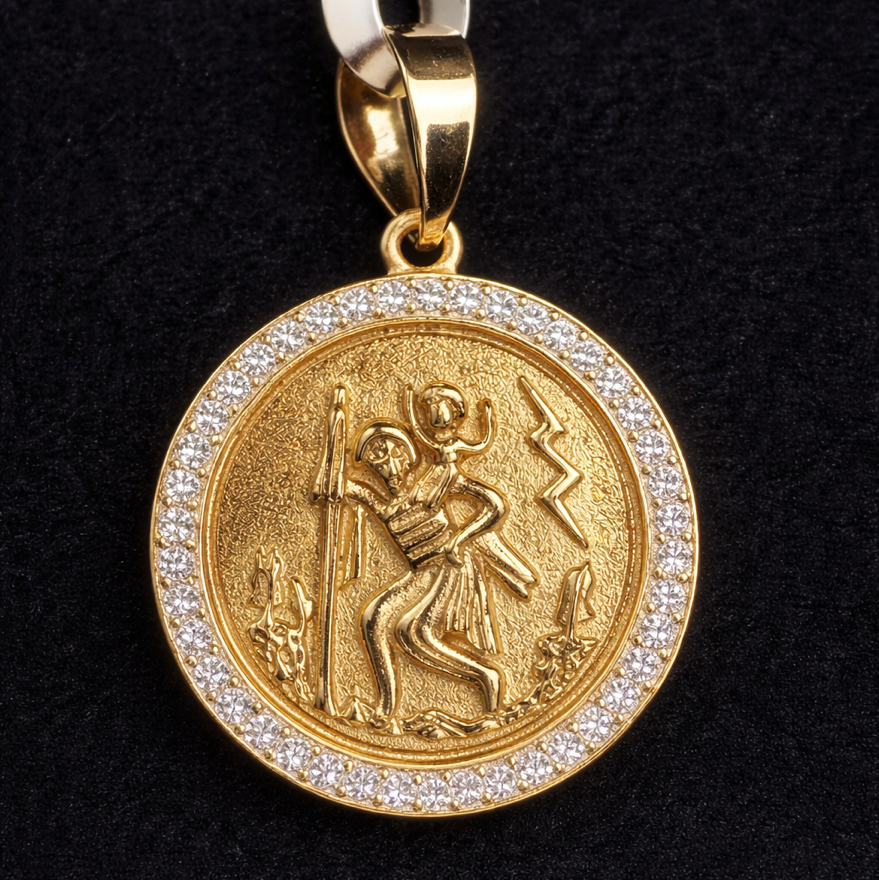 Mexican 18K Gold Vermeil Silver Religious Pendant with 0.5ct Moissanite