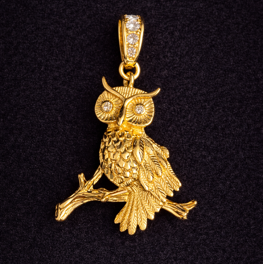 Luxurious 18K Gold Vermeil Silver Owl Pendant with 0.75ct Moissanite