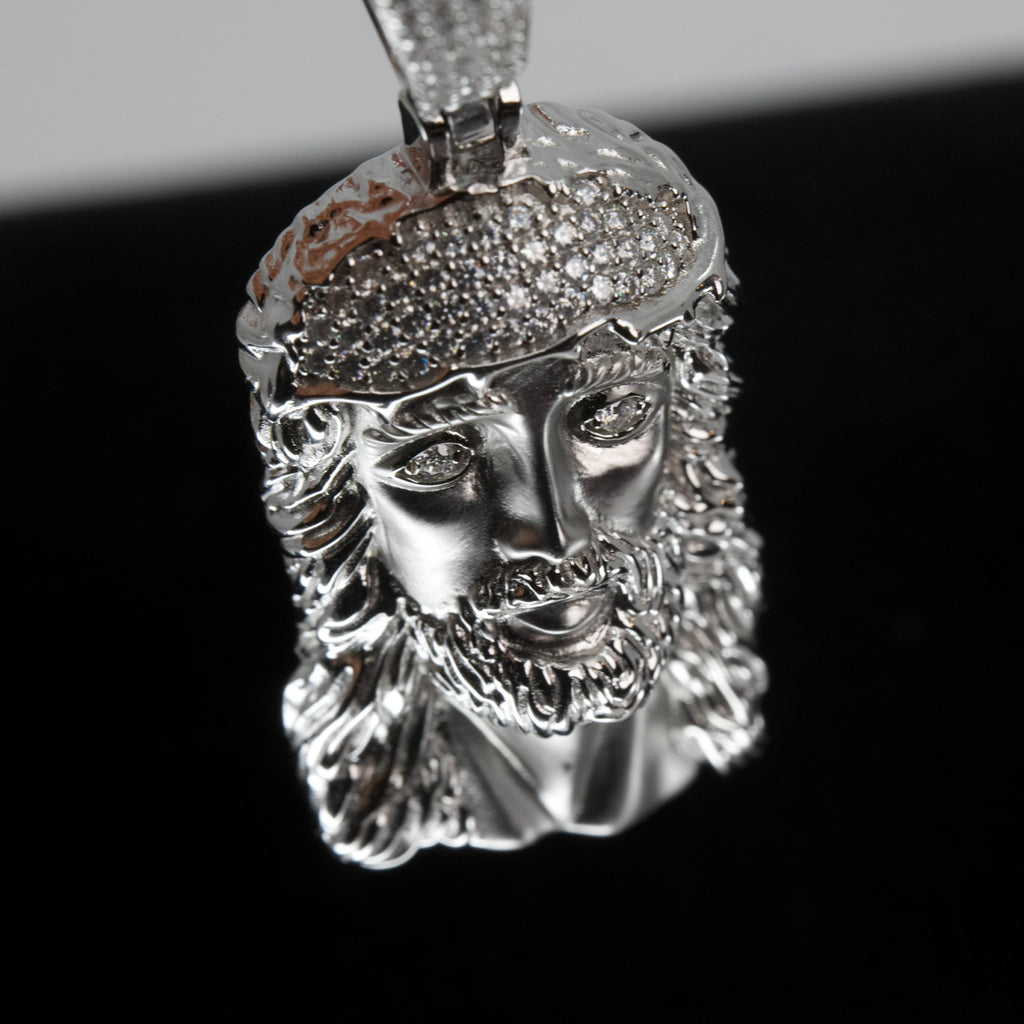 Jesus Head Pave CZ Silver Pendant