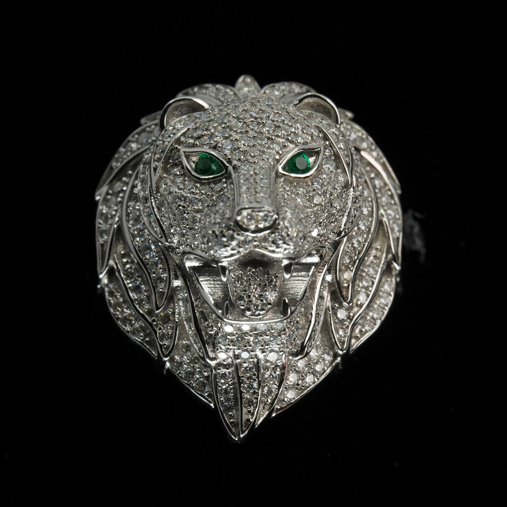 Men's Sterling Silver Lion Head Ring with Moissanite and Green Accents, Size 11