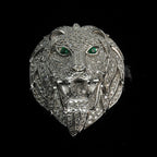 Men's Sterling Silver Lion Head Ring with Moissanite and Green Accents, Size 11