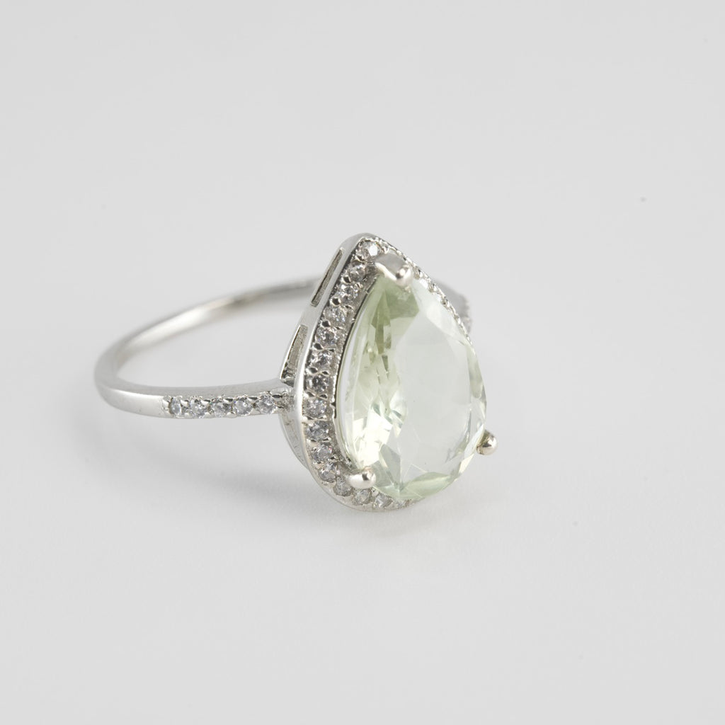 Pear-Shaped Green Amethyst Halo Ring in Silver