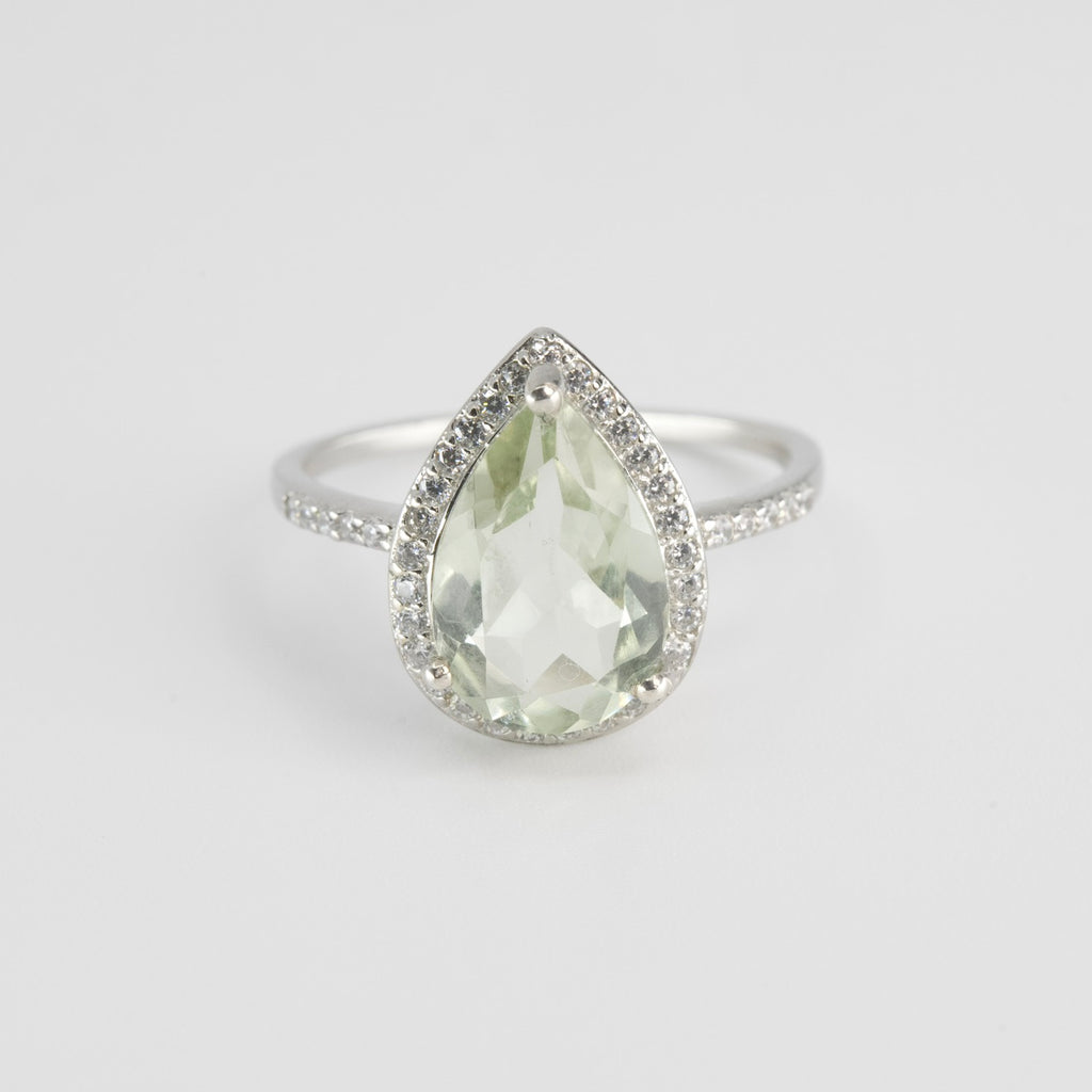 Pear-Shaped Green Amethyst Halo Ring in Silver (2)