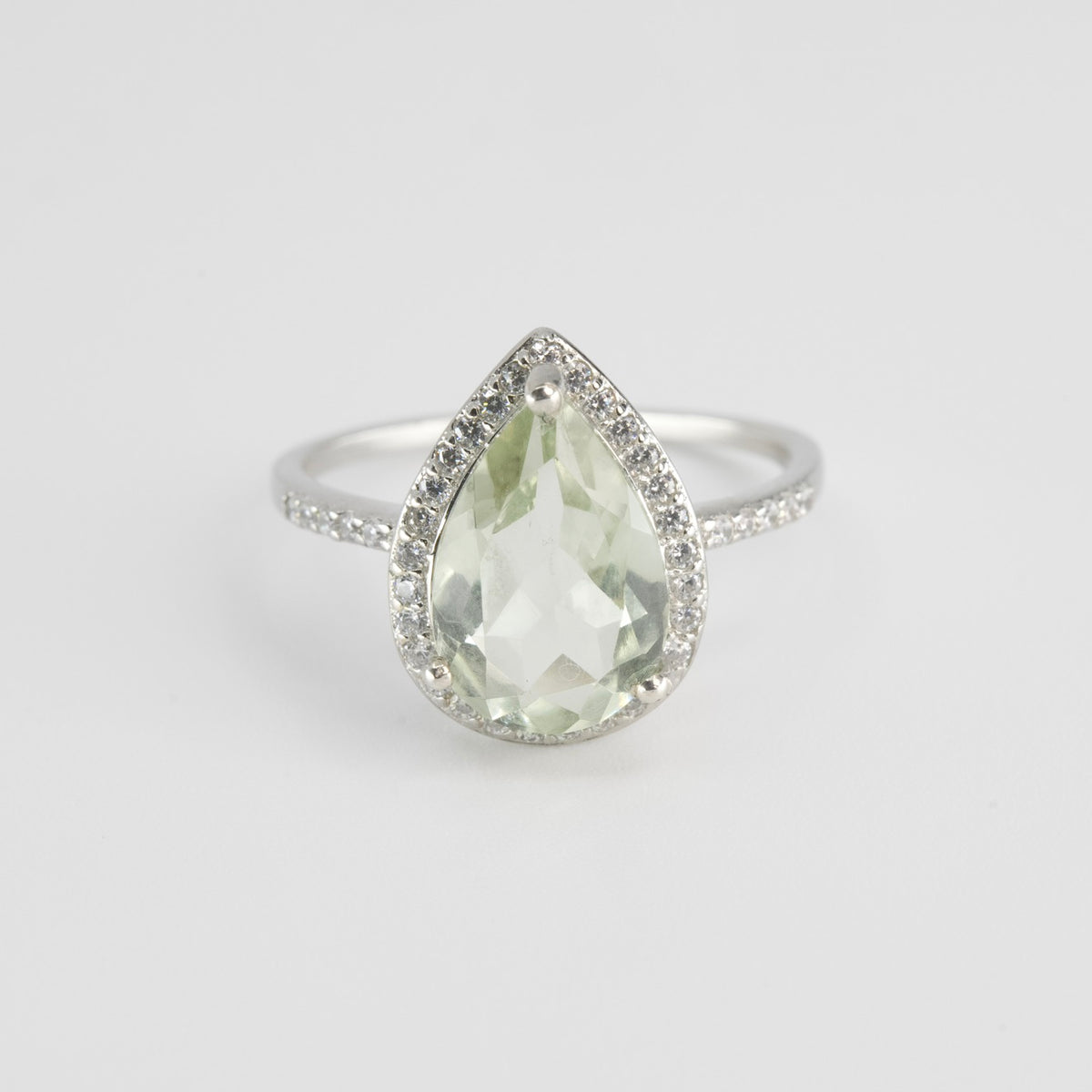 Pear-Shaped Green Amethyst Halo Ring in Silver (2)