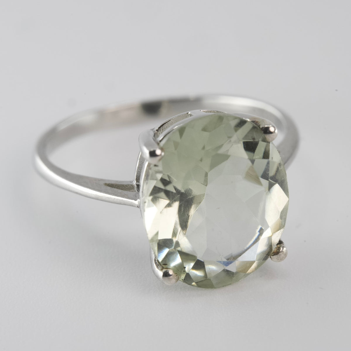 Natural Green Amethyst Solitaire Ring in Silver
