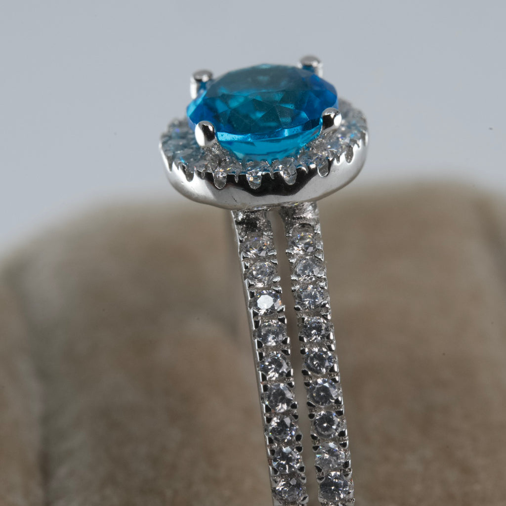 Silver Halo Ring with Blue Topaz Aqua marine Center and Pavé Accents (3)