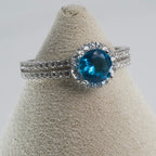 Silver Halo Ring with Blue Topaz Aqua marine Center and Pavé Accents (4)
