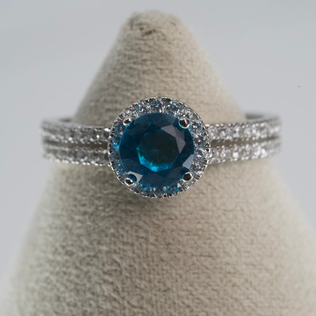 Silver Halo Ring with Blue Topaz Aqua marine Center and Pavé Accents (5)