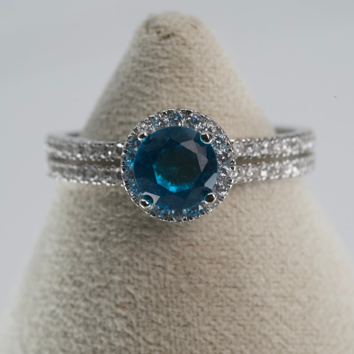 Silver Halo Ring with Blue Topaz Aqua marine Center and Pavé Accents (5)