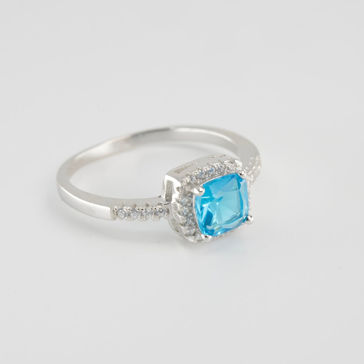 Cushion-Cut Blue Aquamarine Halo Ring in Silver