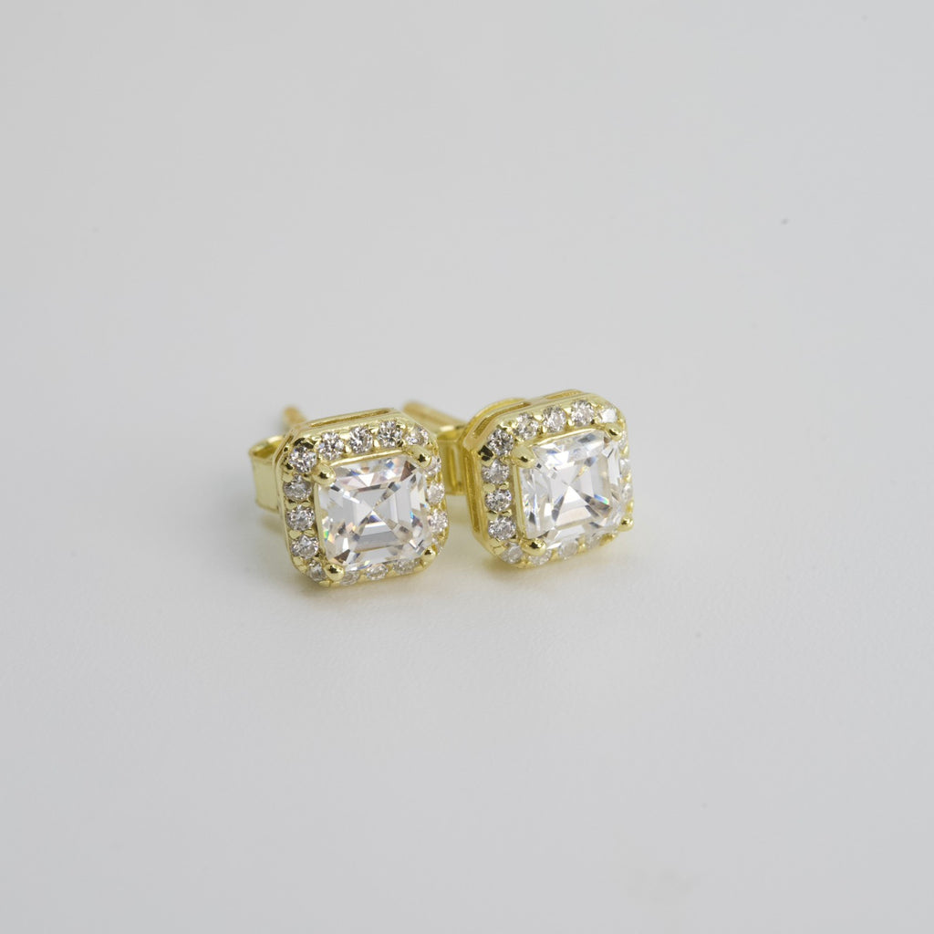 Asscher-Cut Moissanite Square Halo Stud Earrings in 14K Gold Over Silver, 1.2ct