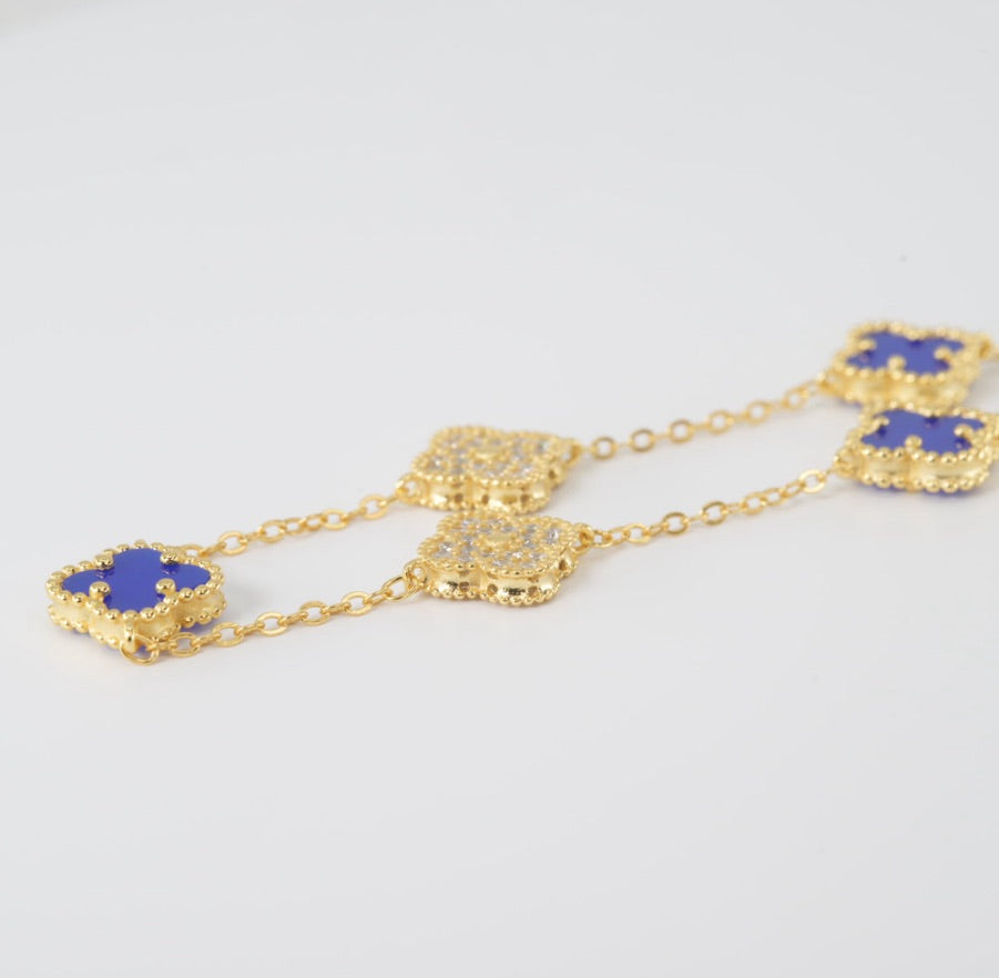 14k Gold Yellow Gold Clover Station Bracelet with Blue Lapis and Pavé CZ (2)