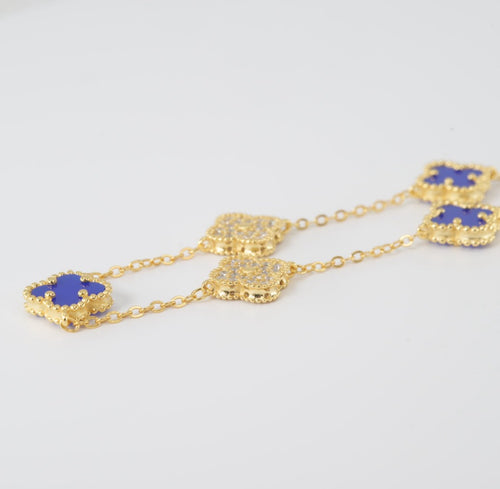 14k Gold Yellow Gold Clover Station Bracelet with Blue Lapis and Pavé CZ (2)