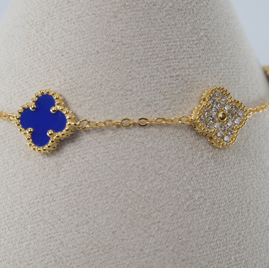 14k Gold Yellow Gold Clover Station Bracelet with Blue Lapis and Pavé CZ (3)