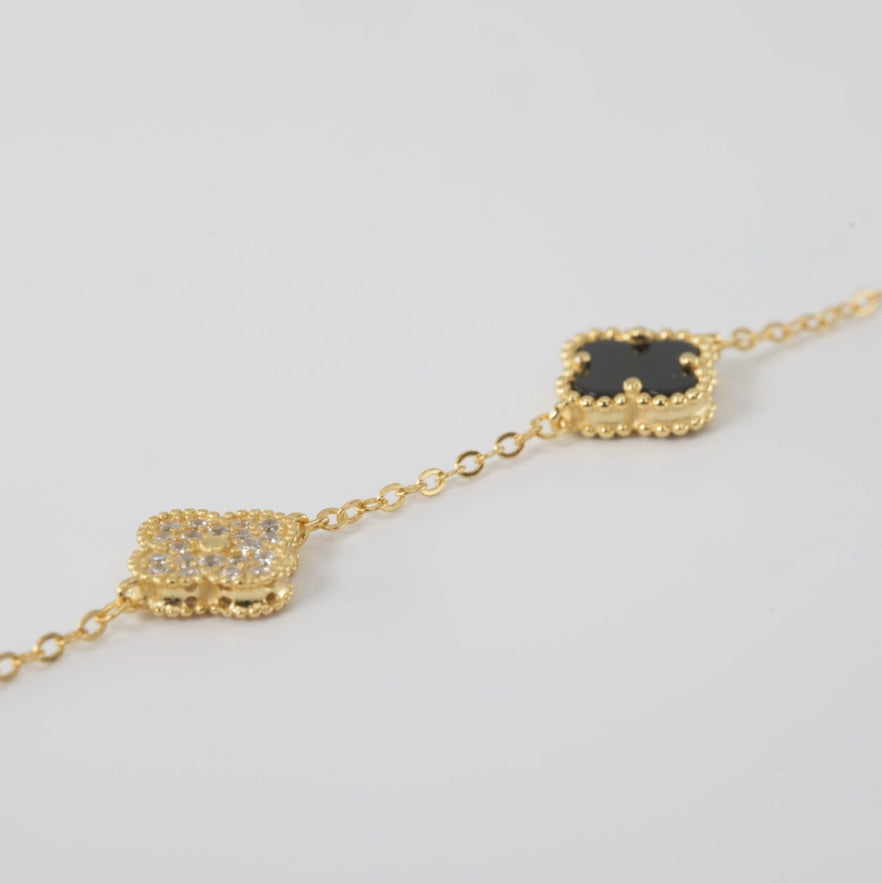 14k Gold yellow Beaded Clover Station Bracelet with CZ and Black Accent