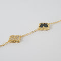 14k Gold yellow Beaded Clover Station Bracelet with CZ and Black Accent