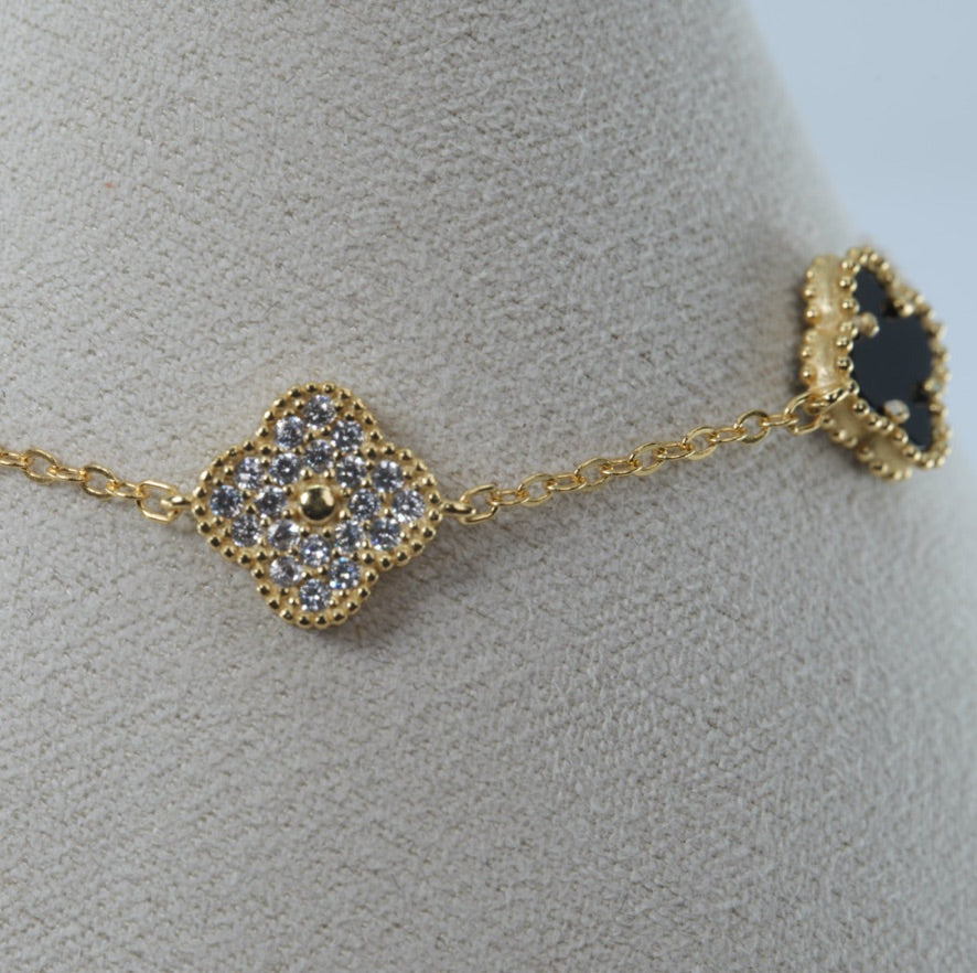 14k Gold yellow Beaded Clover Station Bracelet with CZ and Black Accent (2)