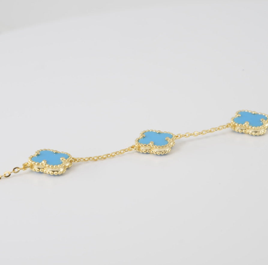 14k Gold yellow Beaded Blue Clover Station Bracelet