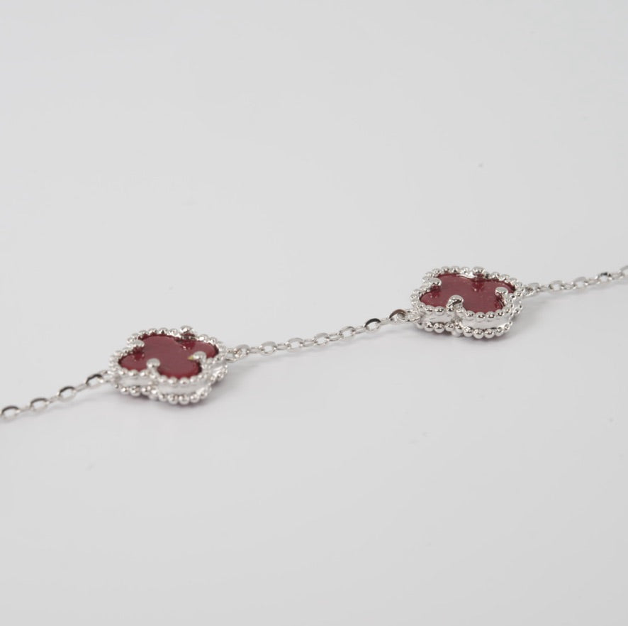 Silver Clover Station Bracelet with Red Inlay