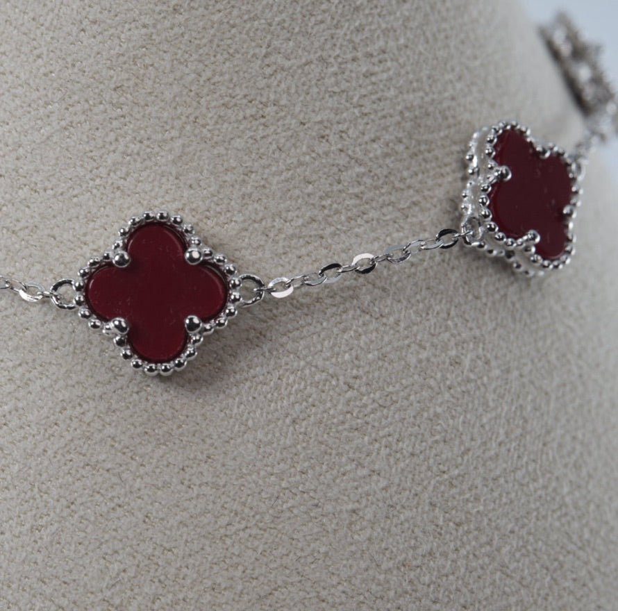 Silver Clover Station Bracelet with Red Inlay (2)