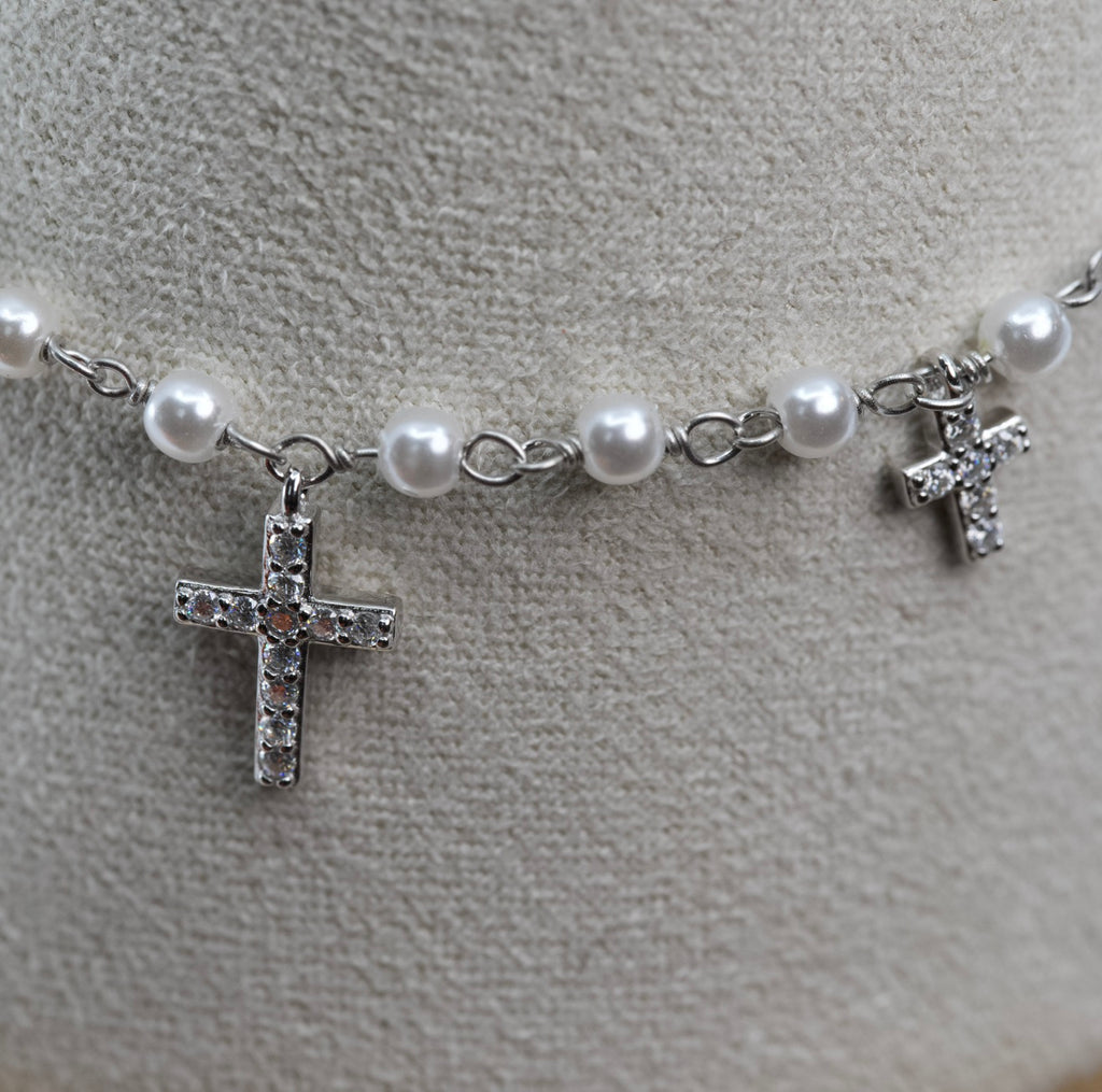 Silver Pearl Charm Bracelet with Moissanite Cross Crosses
