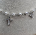 Silver Pearl Charm Bracelet with Moissanite Cross Crosses