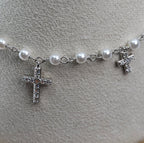 Silver Pearl Charm Bracelet with Moissanite Cross Crosses