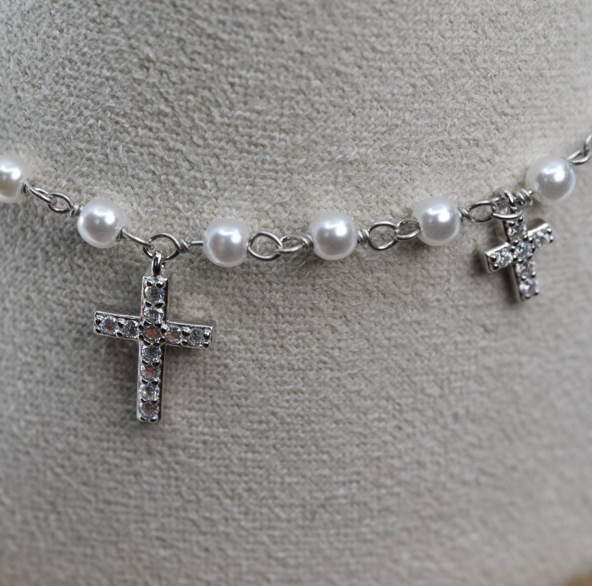Silver Pearl Charm Bracelet with Moissanite Cross Crosses
