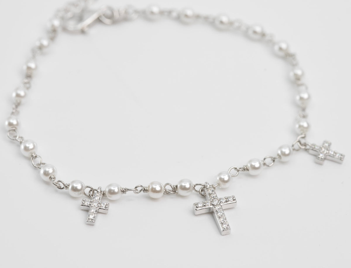 Silver Pearl Charm Bracelet with Moissanite Cross Crosses (2)