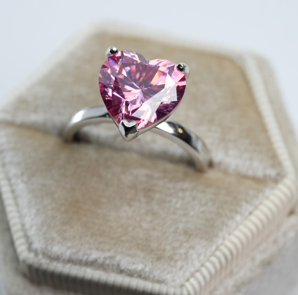 Silver Heart-Cut Pink Moissanite Solitaire Ring