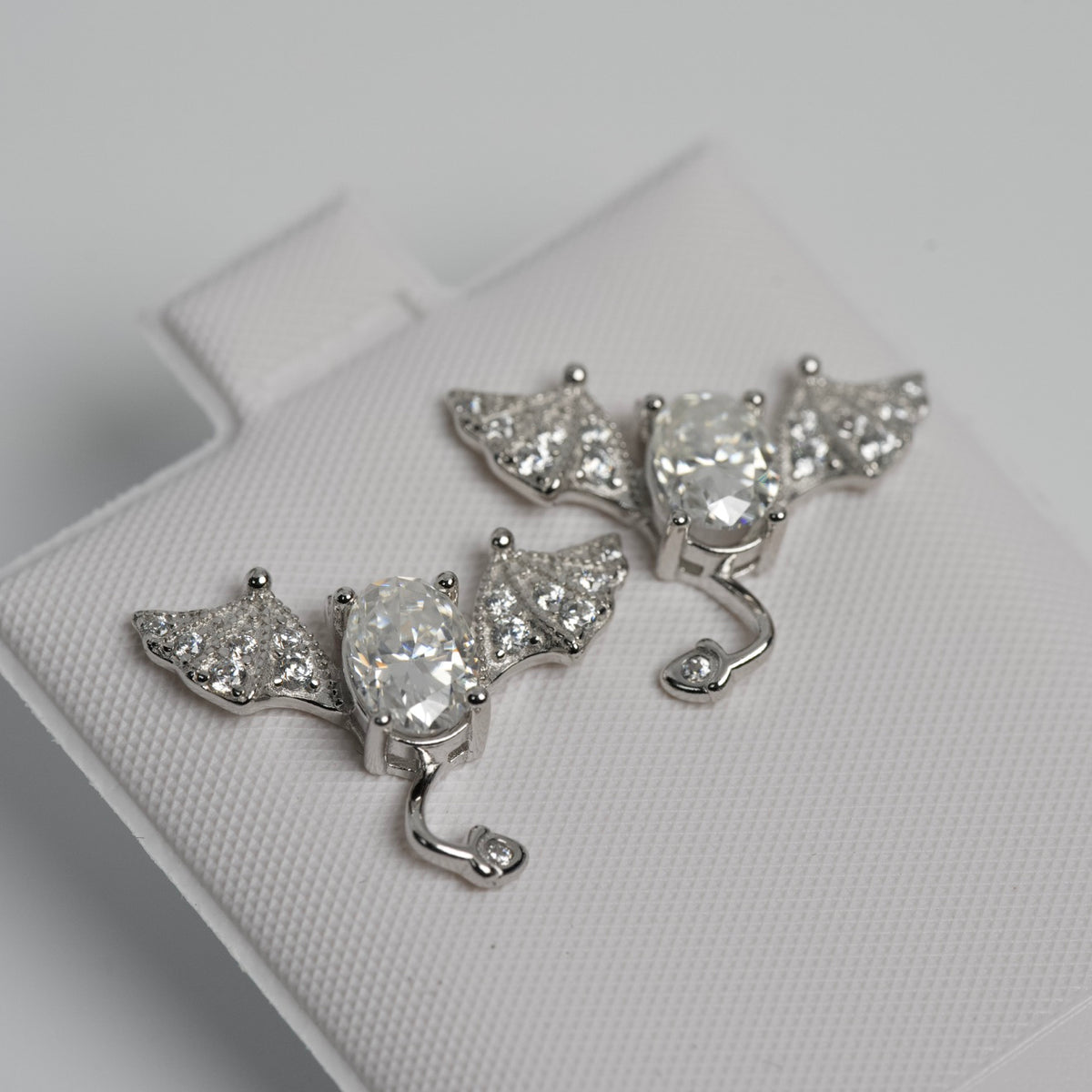 Silver Ear Climber Earrings with Oval moissanite and Pavé Wings