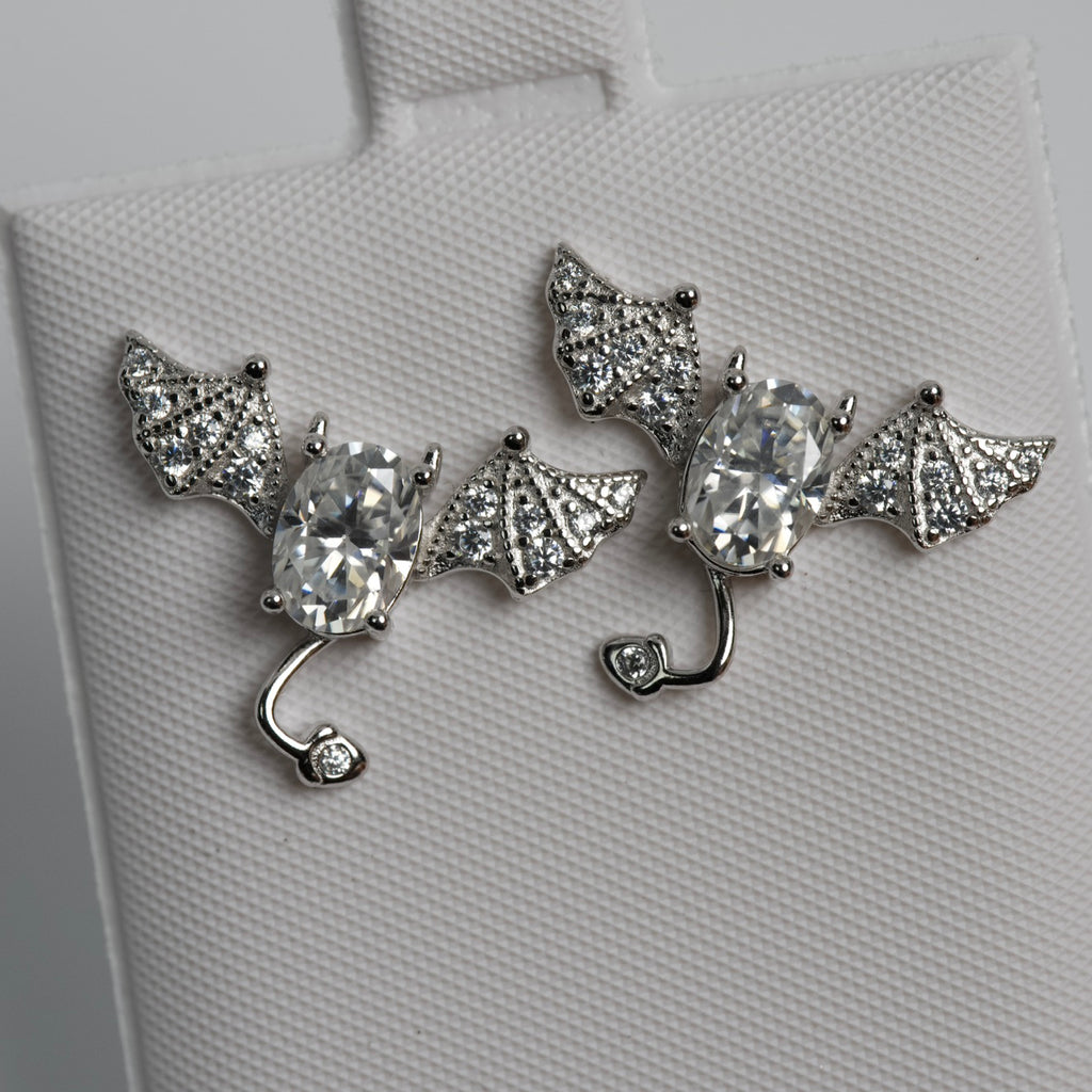 Silver Ear Climber Earrings with Oval moissanite and Pavé Wings (2)