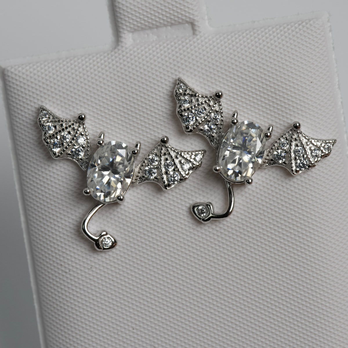 Silver Ear Climber Earrings with Oval moissanite and Pavé Wings (2)