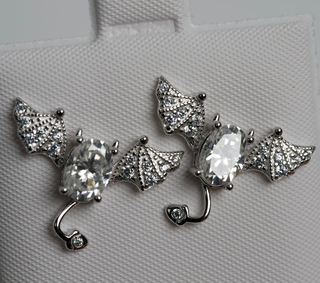 Silver Ear Climber Earrings with Oval moissanite and Pavé Wings (3)