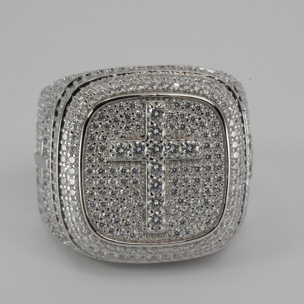 Men's Silver Pavé Cross Signet Ring with Moissanite