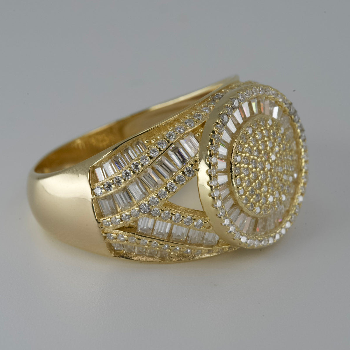 Men's 14K Gold Over Silver Moissanite Pavé and Baguette Halo Split Shank Ring 4ct Size 12 (2)