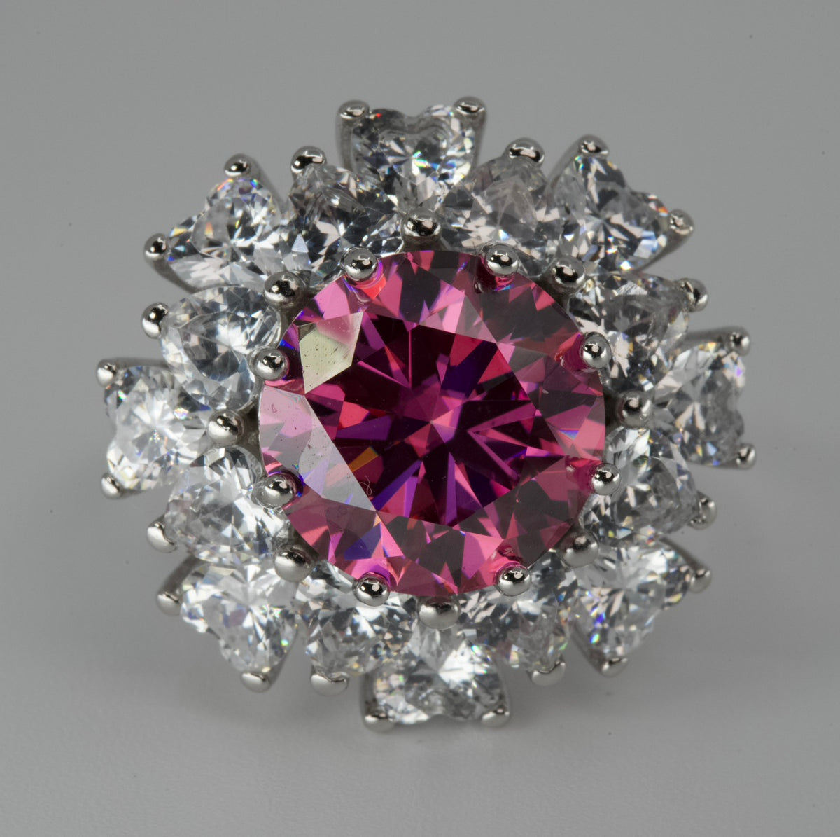 Silver Cluster Ring with Pink moissanite Center