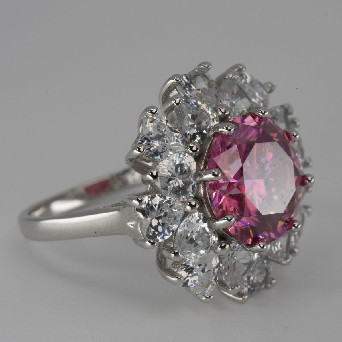 Silver Cluster Ring with Pink moissanite Center (2)