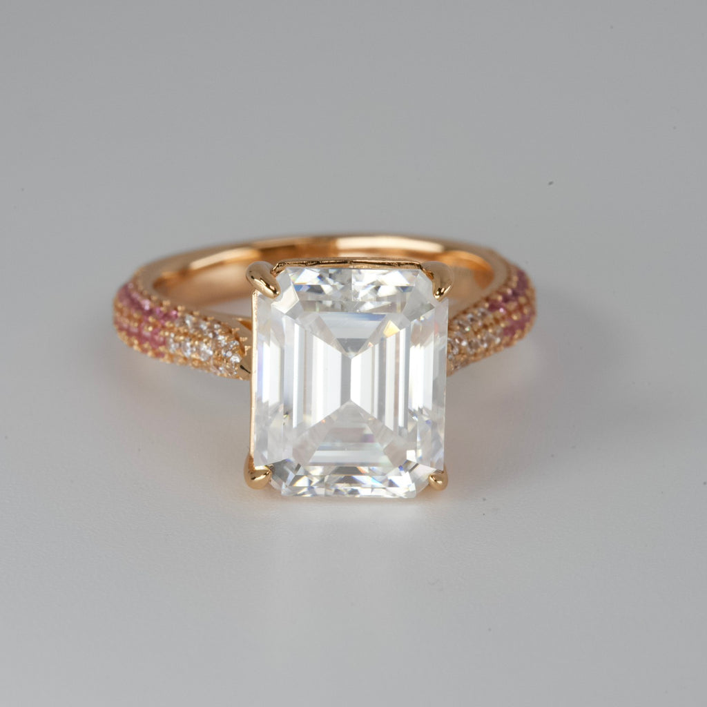 Emerald-Cut moissanite Cocktail Ring with Pink Pavé in Rose Gold Tone