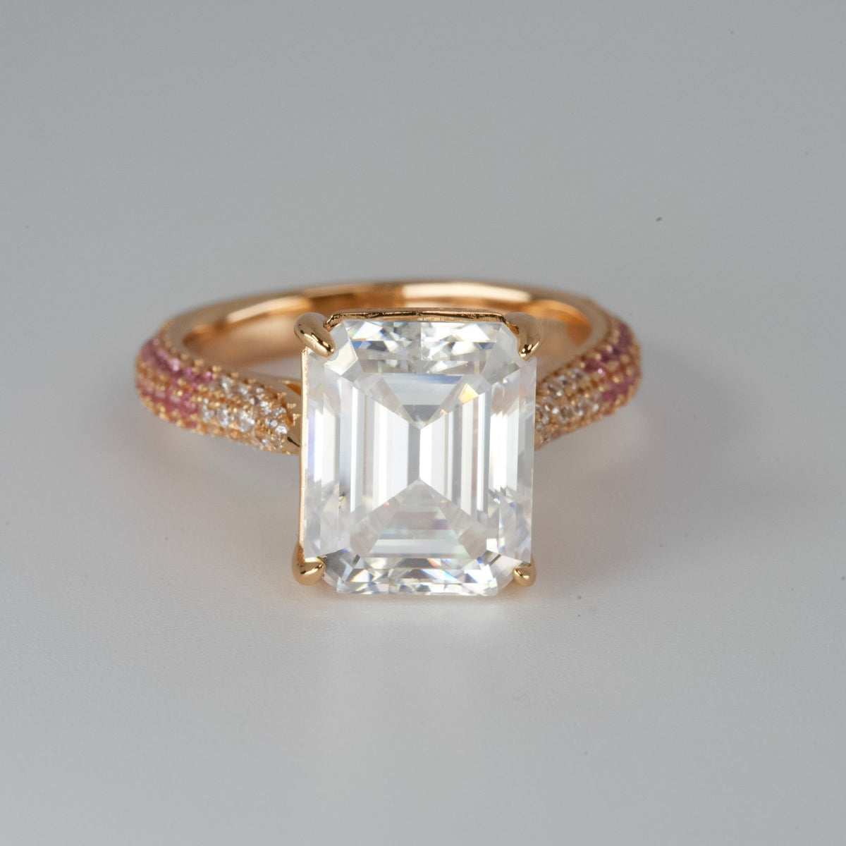 Emerald-Cut moissanite Cocktail Ring with Pink Pavé in Rose Gold Tone