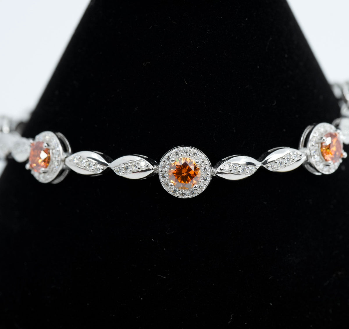 925 Sterling Silver Halo & Marquise Link Bracelet with Orange Moissanite 7ct 7.5in