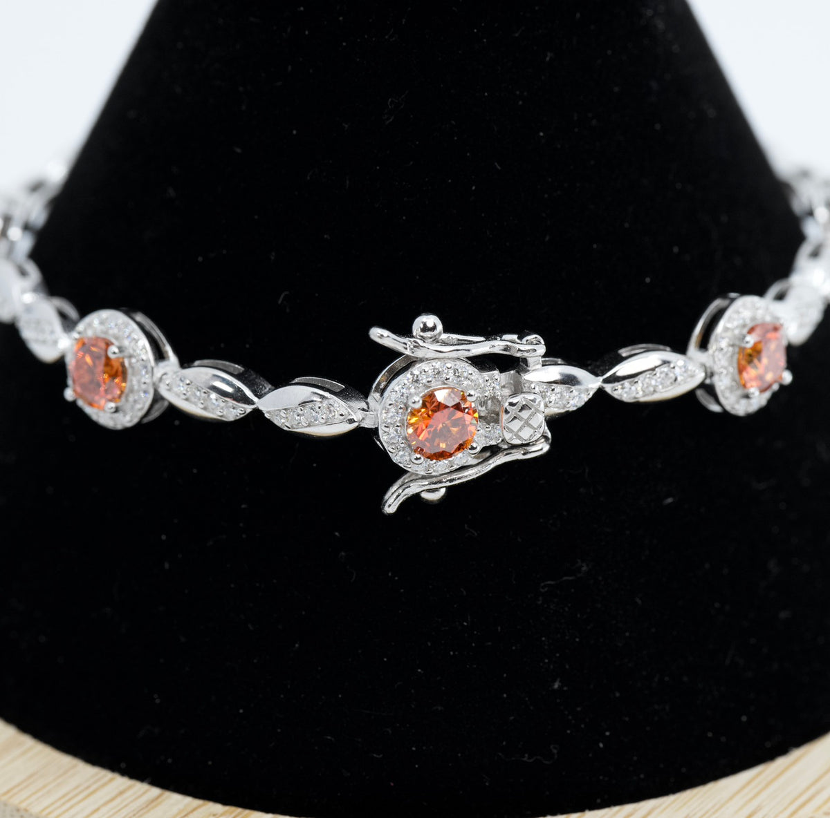 925 Sterling Silver Halo & Marquise Link Bracelet with Orange Moissanite 7ct 7.5in (2)