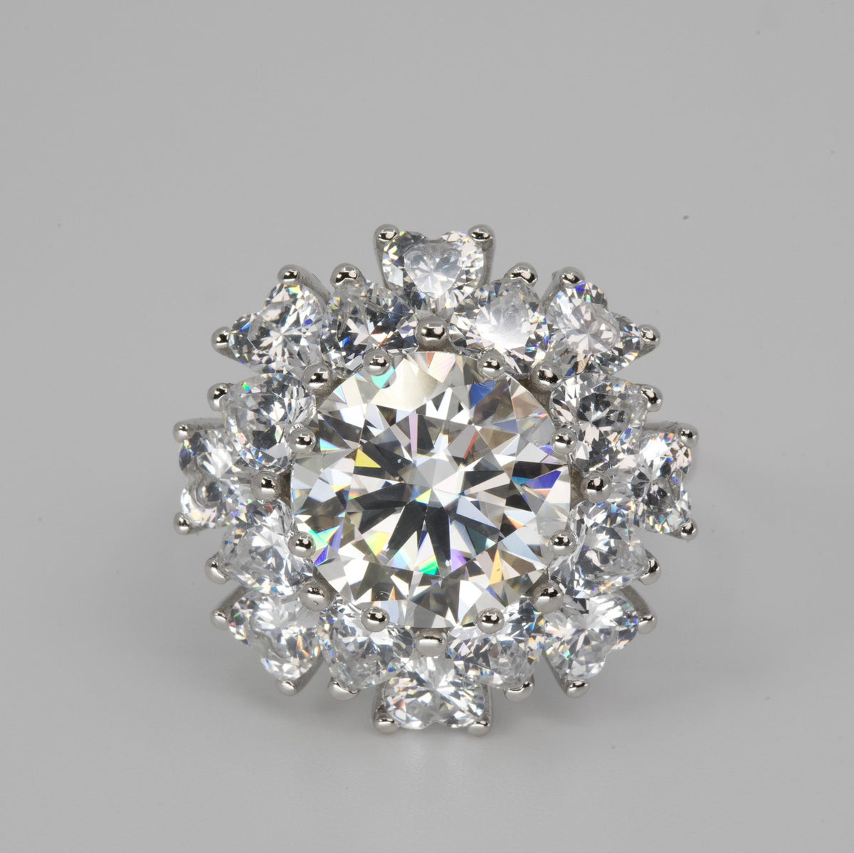 Silver Halo Cluster Cocktail Ring with Moissanite Center