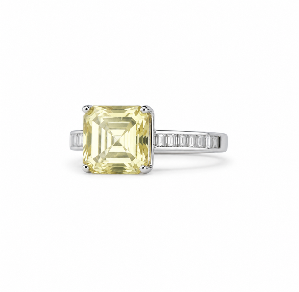 Canary Yellow moissanite Emerald-Cut Cocktail Ring in Silver with Baguette Accents (3)