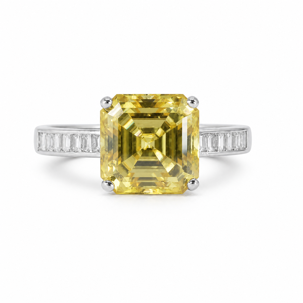 Canary Yellow moissanite Emerald-Cut Cocktail Ring in Silver with Baguette Accents
