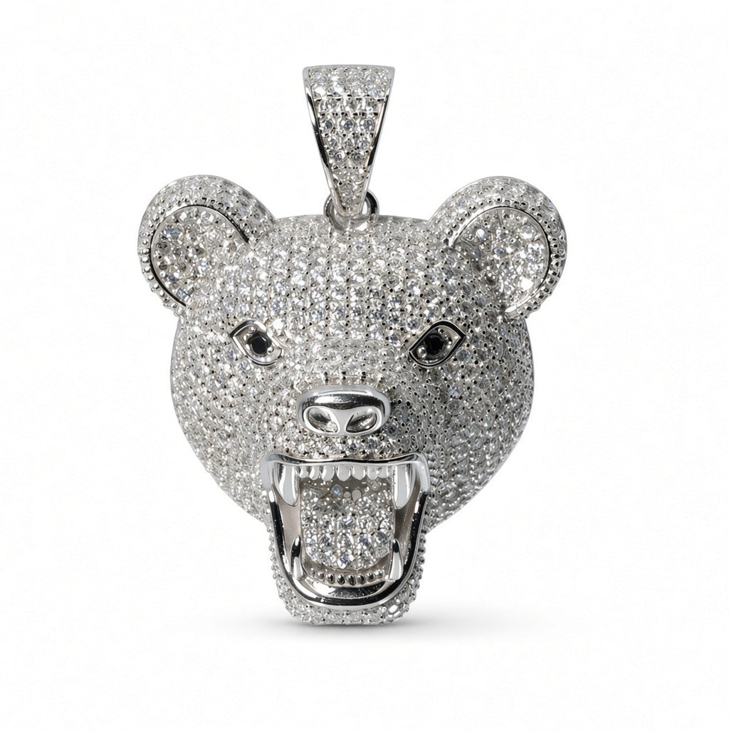 Roaring Bear Head 925 Sterling Silver Pendant with 4ct Moissanite Accents