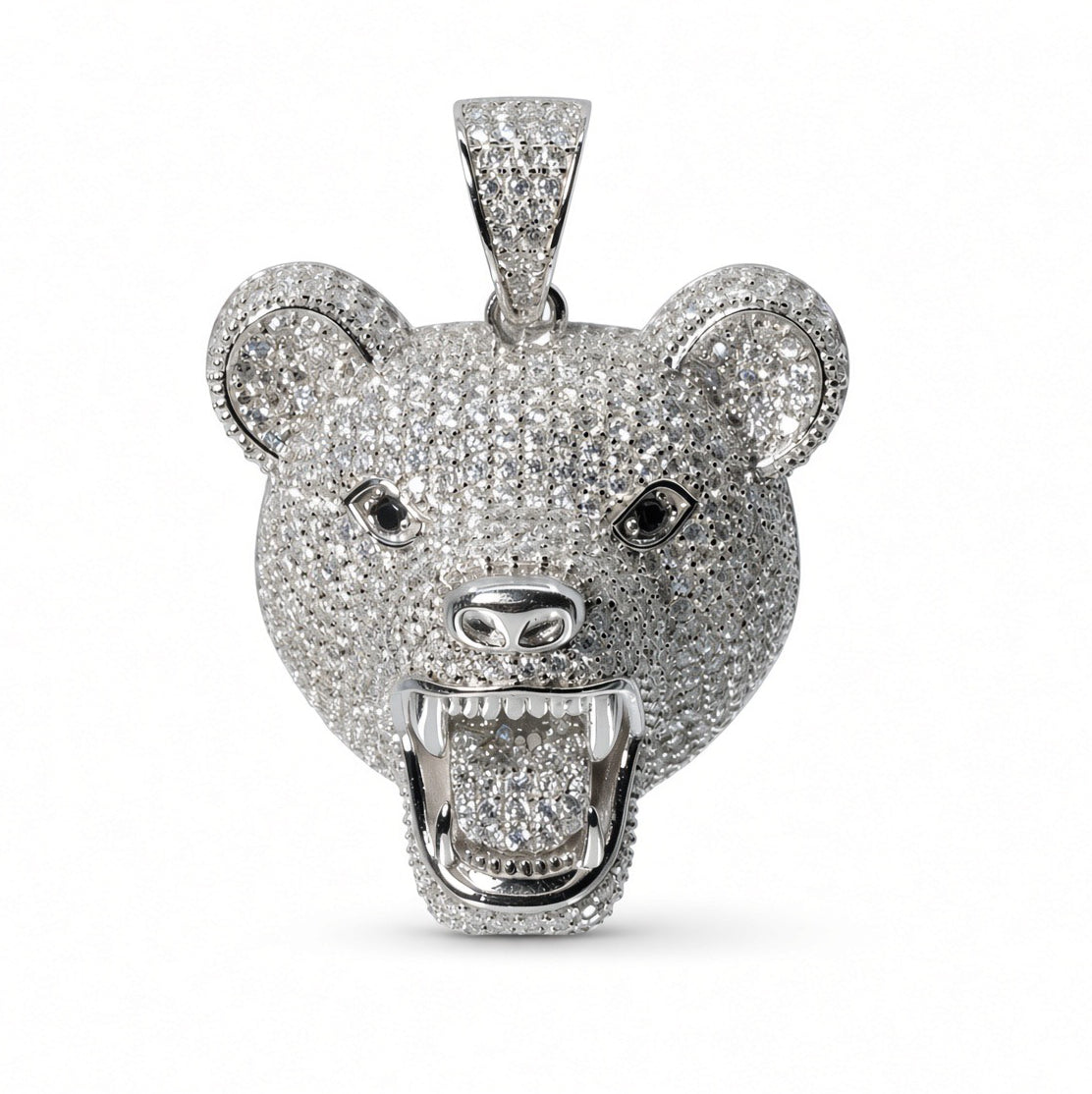 Roaring Bear Head 925 Sterling Silver Pendant with 4ct Moissanite Accents