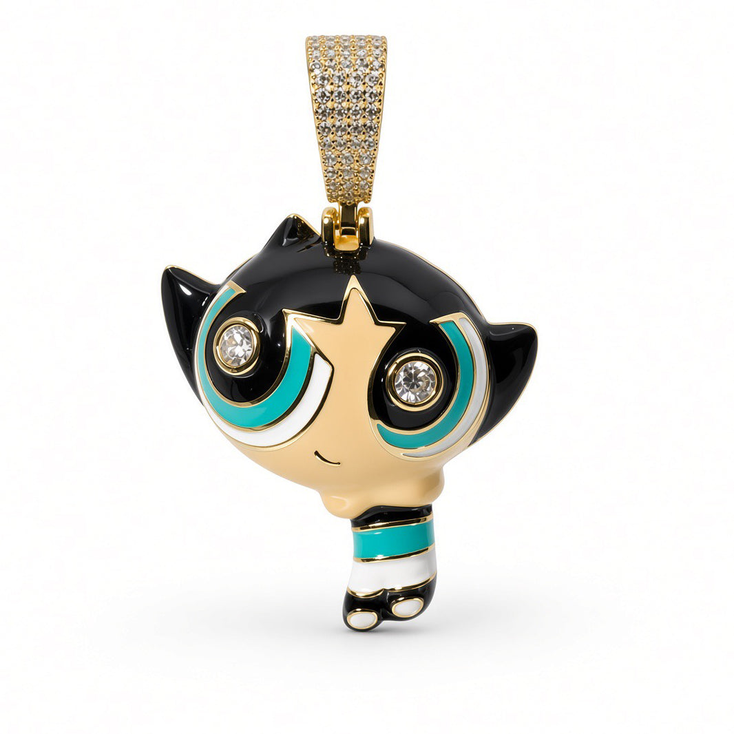 14K Gold Over Silver Powerpuff Girls Buttercup Pendant with Enamel and Cubic Zirconia Eyes