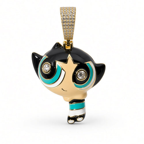 14K Gold Over Silver Powerpuff Girls Buttercup Pendant with Enamel and Cubic Zirconia Eyes